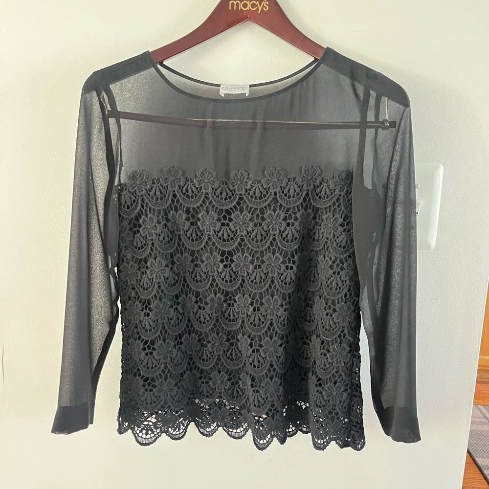 Philosophy Di Alberta Ferretti Black Lace Sheer Blouse Top